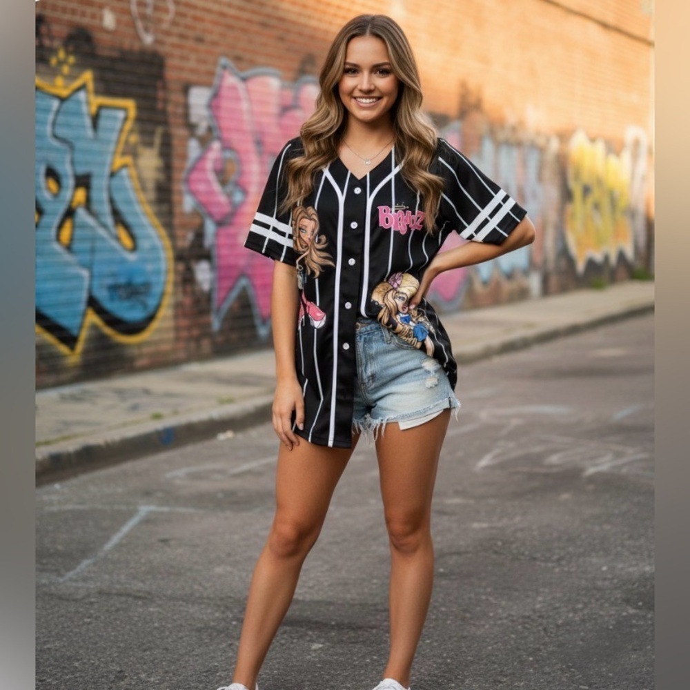Bratz Baseball Jersey Graphic Shirt Black White Pinstripe Y2K Style